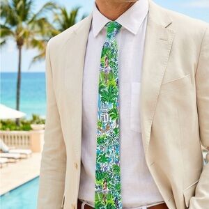 Tropical Print Silk Tie in Green & Blue